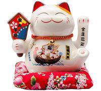 Mkuha Maneki Neko de Cerámico, Porcelana Gato de la Suerte Afortunado Gato Agitando el Brazo bendición, Estatuilla para la Decoración de la Oficina Hogar y la Tienda, Blanco, 16x14x16cm, A