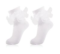 MKYSZLT Calcetines tobilleros con volantes grandes para mujer, calcetines de encaje doble con puño para adultos, de algodón, calcetines de vestir lindos tipo Bobby, Blanco: 2 pares., 9-11