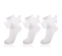 MKYSZLT Calcetines tobilleros con volantes grandes para mujer, calcetines de encaje doble con puño para adultos, de algodón, calcetines de vestir lindos tipo Bobby, Blanco - 3 pares, 9-11