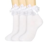 MKYSZLT Calcetines tobilleros de encaje blanco con volantes para mujer, princesa Lolita, medias de encaje blanco, calcetines invisibles con lazo para niñas, 3 pares, color blanco., Talla única