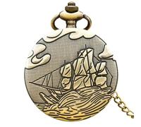 MKYYIOED Reloj De Bolsillo Vintage Bronze Stick Figure Sail Carved Quartz Pocket Watch Necklace Pendant Clock Chain Men Women