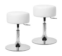 ML-Design 2X Taburetes de Maquillaje Acero Cromado Blanco Asiento Redondo Ø 33cm de Tocador Silla Giratoria Regulable en Altura 52-65cm Mueble Make Up Tapizado Ergonómico Funda de Imitación Polipiel