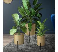 ML-Design 3 Soportes para Plantas de Metal Negro-Dorado Macetero Pedestal Jardineras para Interior o Exterior Estilo Industrial Columna Decorativa Robusta y Estable Exhibición para Flores