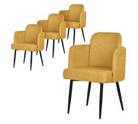 ML-Design 4X Sillas de Comedor con Funda de Tela Mostaza, Asiento Sofá de Salón con Respaldo y Reposabrazos de Ratán Mueble Tapizado con Patas de Metal, Sillón Ergonómico de Cocina