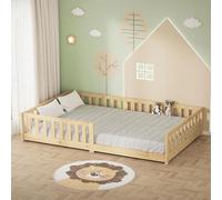 ML-Design Cama de Suelo Infantil 120x200 cm Natural Madera Maciza de Pino con Somier de Láminas y Protección Anticaída Cuna Doble Lecho para Niños y Bebés Mobiliario para Habitación Juvenil