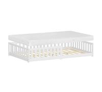 ML-Design Cama de Suelo Infantil 120x200cm con Colchón 16cm Blanca Madera Maciza de Pino Somier de Láminas y Protección Anticaída Cuna Doble para Niños y Bebés Mobiliario para Habitación Juvenil