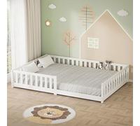 ML-Design Cama de Suelo Infantil 140x200 cm Blanco Madera Maciza de Pino con Somier de Láminas y Protección Anticaída Cuna Doble Lecho para Niños y Bebés Mobiliario para Habitación Juvenil