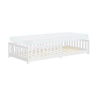 ML-Design Cama de Suelo Infantil 90x200cm con Colchón 10cm Blanco Madera Maciza de Pino Somier de Láminas y Protección Anticaída Cuna Individual para Niños y Bebés Mobiliario para Habitación Juvenil