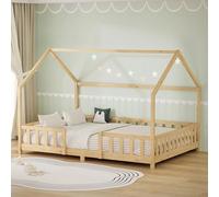 ML-Design Cama Infantil 140x200cm Natural, con Protección Anticaída, Techo y Somier, Estructura Listones de Madera de Maciza de Pino Lecho de Suelo Montessori Forma de Casa Mobiliario Juvenil/Niños