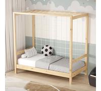 ML-Design Cama Infantil 70 x 140 cm con Portería de Fútbol Balonmano de Madera de Pino Natural, Cuna Individual para Niño con Somier de Láminas y Red, Litera Maciza Juvenil