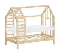 ML-Design Cama Infantil 70 x 140 cm en Forma de Casita con Somier y Colchón | Estructura de Listones, Techo y Ventana, Lecho Montessori de Madera de Pino para Niños y Niñas, Fácil Montaje, Natural