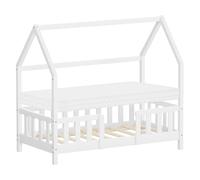 ML-Design Cama Infantil 70x140cm Blanco, con Colchón, Protección Anticaída, Techo y Somier, Listones de Madera de Maciza de Pino Lecho Montessori Forma de Casa Mobiliario Juvenil, para Niños