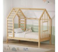 ML-Design Cama Infantil 70x140cm Forma de Casita con Somier, Madera de Pino | Estructura de Listones, Techo y Ventana, Lecho Montessori para Niños y Niñas, Hasta 80 kg, Fácil Montaje, Natural