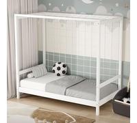 ML-Design Cama Infantil 80 x 160 cm en Forma de Portería de Fútbol Balonmano + Colchón 10cm Madera de Pino Blanca, Cuna Individual para Niño con Somier de Láminas y Red Litera Maciza Juvenil