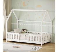 ML-Design Cama Infantil 80x160 cm en Forma de Casa, Madera Maciza de Pino Blanca con Protección Anticaída, Techo y Somier de Láminas, Cuna de Suelo para Niños y Niñas, Juvenil Individual Montessori