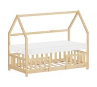 ML-Design Cama Infantil 80x160cm Natural, con Colchón, Protección Anticaída, Techo y Somier, Listones de Madera de Maciza de Pino Lecho Montessori Forma de Casa Mobiliario Juvenil, para Niños