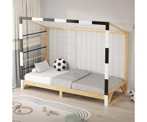 ML-Design Cama Infantil 90 x 200 cm con Portería de Fútbol-Balonmano, Cuna Individual con Estructura de Madera para Niño con Somier de Láminas y Red, Litera Juvenil