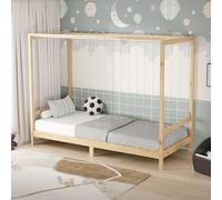 ML-Design Cama Infantil 90 x 200 cm con Portería de Fútbol Balonmano de Madera de Pino Natural, Cuna Individual para Niño con Somier de Láminas y Red, Litera Maciza Juvenil
