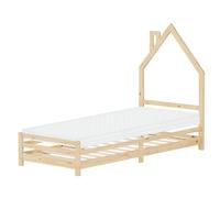 ML-Design Cama Infantil 90 x 200 cm en Forma de Casa con Colchón 10 cm, Cuna Individual de Madera de Pino con Somier de Láminas y Diseño de Casita con Chimenea, Litera Maciza Juvenil de Juego