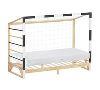ML-Design Cama Infantil 90 x 200 cm en Forma de Portería de Fútbol con Colchón 16 cm, Cuna Individual de Madera de Pino con Somier de Láminas, Red y Escalera, Litera Maciza Juvenil para Niño