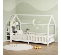 ML-Design Cama Infantil 90x200 cm Blanco, con Protección Anticaída, Estante, Techo y Somier, Estructura de Madera Maciza de Pino, Lecho de Suelo Montessori Forma de Casa Mobiliario Juvenil/Niños