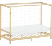 ML-Design Cama infantil 90x200 cm + colchón 10 cm portería fútbol madera natural