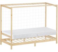 ML-Design Cama Infantil 90 x 200 cm en Forma de Portería de Fútbol con Colchón 16cm Madera de Pino Color Natural, Cuna Individual para Niño con Somier de Láminas y Red, Litera Maciza Juvenil de Juego