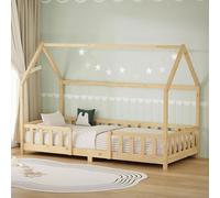 ML-Design Cama Infantil 90x200 cm en Forma de Casa, Madera Maciza de Pino Natural con Protección Anticaída, Techo y Somier de Láminas, Cuna de Suelo para Niños y Niñas, Juvenil Individual Montessori