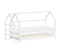 ML-Design Cama Infantil 90x200cm Blanco, con Colchón Al:10cm, Protección Anticaída, Techo y Somier, Listones de Madera de Maciza de Pino Lecho Montessori Forma de Casa Mobiliario Juvenil, para Niños