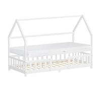 ML-Design Cama Infantil 90x200cm Blanco, con Colchón Al:16cm, Protección Anticaída, Techo y Somier, Listones de Madera de Maciza de Pino Lecho Montessori Forma de Casa Mobiliario Juvenil, para Niños