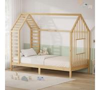 ML-Design Cama Infantil 90x200cm Forma de Casita con Somier, Madera de Pino | Estructura de Listones, Techo y Ventana, Lecho Montessori para Niños y Niñas, Hasta 100 kg, Fácil Montaje, Natural