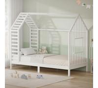 ML-Design Cama Infantil 90x200cm Forma de Casita con Somier, Madera de Pino | Estructura de Listones, Techo y Ventana, Lecho Montessori para Niños y Niñas, Hasta 100 kg, Fácil Montaje, Blanco