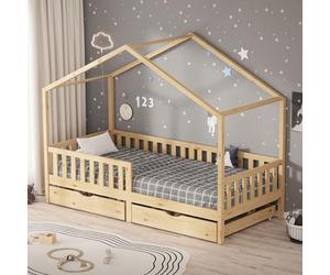 ML-Design Cama Infantil 90x200cm Forma de Casita Madera Natural Maciza de Pino con 2 Cajones con Somier de Láminas, Techo y Protección Anticaída, Cuna Baja de Suelo para Niños Litera Montessori Junior