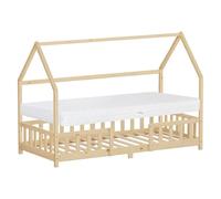 ML-Design Cama Infantil 90x200cm Natural, con Colchón Al:16cm, Protección Anticaída, Techo y Somier, Listones de Madera de Maciza de Pino Lecho Montessori Forma de Casa Mobiliario Juvenil, para Niños