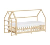 ML-Design Cama Infantil 90x200cm Natural, con Colchón Al:16cm, Protección Anticaída, Techo y Somier, Listones de Madera de Maciza de Pino Lecho Montessori Forma de Casa Mobiliario Juvenil, para Niños