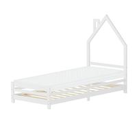 ML-Design Cama Infantil Blanca 90 x 200 cm en Forma de Casa con Colchón 10 cm, Cuna Individual de Madera de Pino con Somier de Láminas y Diseño de Casita con Chimenea, Litera Maciza Juvenil de Juego