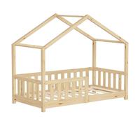 ML-Design Cama Infantil Casa 70x140 cm Madera Natural Maciza de Pino, Casita Estilo Montessori con Somier de Láminas, Techo y Protección Anticaída, Cuna Baja de Suelo para Niños, Litera Junior