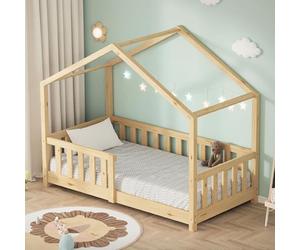 ML-Design Cama Infantil Casa 70x140 cm Madera Natural Maciza de Pino, Casita Estilo Montessori con Somier de Láminas, Techo y Protección Anticaída, Cuna Baja de Suelo para Niños, Litera Junior
