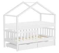 ML-Design Cama infantil casa 70x140cm con colchón y 2 cajones, madera blanca maciza litera junior con somier de láminas, techo y protección anticaída