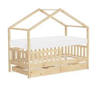 ML-Design Cama Infantil Casa 80x160 cm Madera Maciza Natural de Pino con Colchón, Casita Estilo Montessori con 2 Cajones, Somier de Láminas, Techo y Protección Anticaída, Cuna Baja de Suelo para Niños