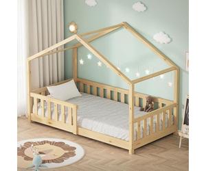 ML-Design Cama Infantil Casa 80x160 cm Madera Natural Maciza de Pino, Casita Estilo Montessori con Somier de Láminas, Techo y Protección Anticaída, Cuna Baja de Suelo para Niños, Litera Junior