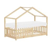 ML-Design Cama Infantil Casa 80x160 cm Madera Natural Maciza de Pino con Colchón, Casita Estilo Montessori con Somier de Láminas, Techo y Protección Anticaída, Cuna Baja de Suelo Litera para Niños