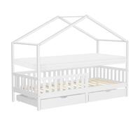 ML-Design Cama Infantil Casa 90x200 cm Madera Maciza Blanca de Pino con Colchón 10 cm, Casita Montessori con 2 Cajones, Somier de Láminas, Techo y Protección Anticaída, Cuna Baja de Suelo para Niños