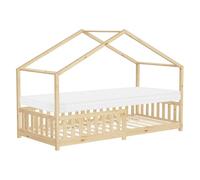 ML-Design Cama Infantil Casa 90x200 cm Madera Natural Maciza de Pino con Colchón, Casita Estilo Montessori con Somier de Láminas, Techo y Protección Anticaída, Cuna Baja de Suelo Litera para Niños