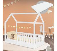 ML-Design Cama Infantil Casa Blanca 70x140 cm de Madera de Pino con Colchón de Espuma Fría, Protección Anticaída y Techo, Somier de Listones, Cuna de Suelo, Lecho para Niño Forma de Casita de Juego