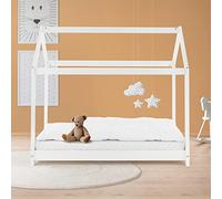 ML-Design Cama Infantil Casa Blanca 70x140 cm de Madera de Pino con Techo y Somier Estructura de Listones, Cuna de Suelo Maciza en Forma de Casita, Lecho de Juego Juvenil Mobiliario para Niño y Bebé