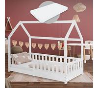 ML-Design Cama Infantil Casa Blanca 80x160 cm de Madera de Pino con Colchón de Espuma Fría, Protección Anticaída y Techo, Somier de Listones, Cuna de Suelo, Lecho para Niño Forma de Casita de Juego