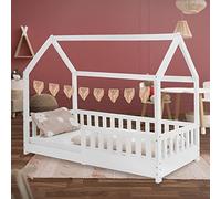 ML-Design Cama Infantil Casa Blanca 80x160 cm de Madera de Pino con Protección Anticaída, Techo y Somier Estructura de Listones, Cuna de Suelo Maciza, Lecho Casita de Juego para Niño y Bebé
