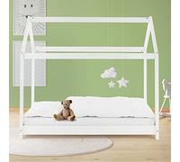 ML-Design Cama Infantil Casa Blanca 80x160 cm de Madera de Pino con Techo y Somier Estructura de Listones, Cuna de Suelo Maciza en Forma de Casita, Lecho de Juego Juvenil Mobiliario para Niño y Bebé