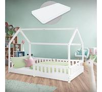 ML-Design Cama Infantil Casa Blanca 90x200 cm de Madera de Pino con Colchón de Espuma Fría 10cm, Protección Anticaída y Techo, Somier de Listones, Cuna de Suelo, Lecho para Niño Forma Casita de Juego